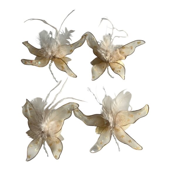 Set of 4 Sheer Gold Butterfly Hanging Ornaments with Beads and Feathers - Picture 3 of 3